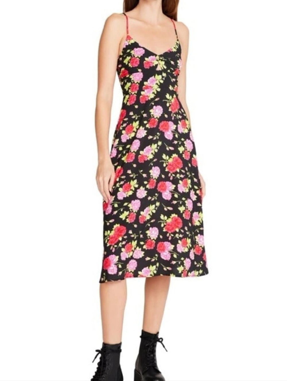 Betsey Johnson Black Midi Dress with Pink & Red Rose Print Size L